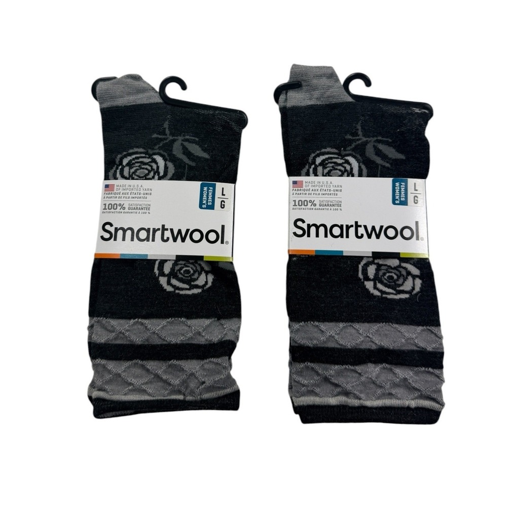 Smartwool Rosey Posey Crew Socks Charcoal Heather Floral Wool Size Large LOT 2